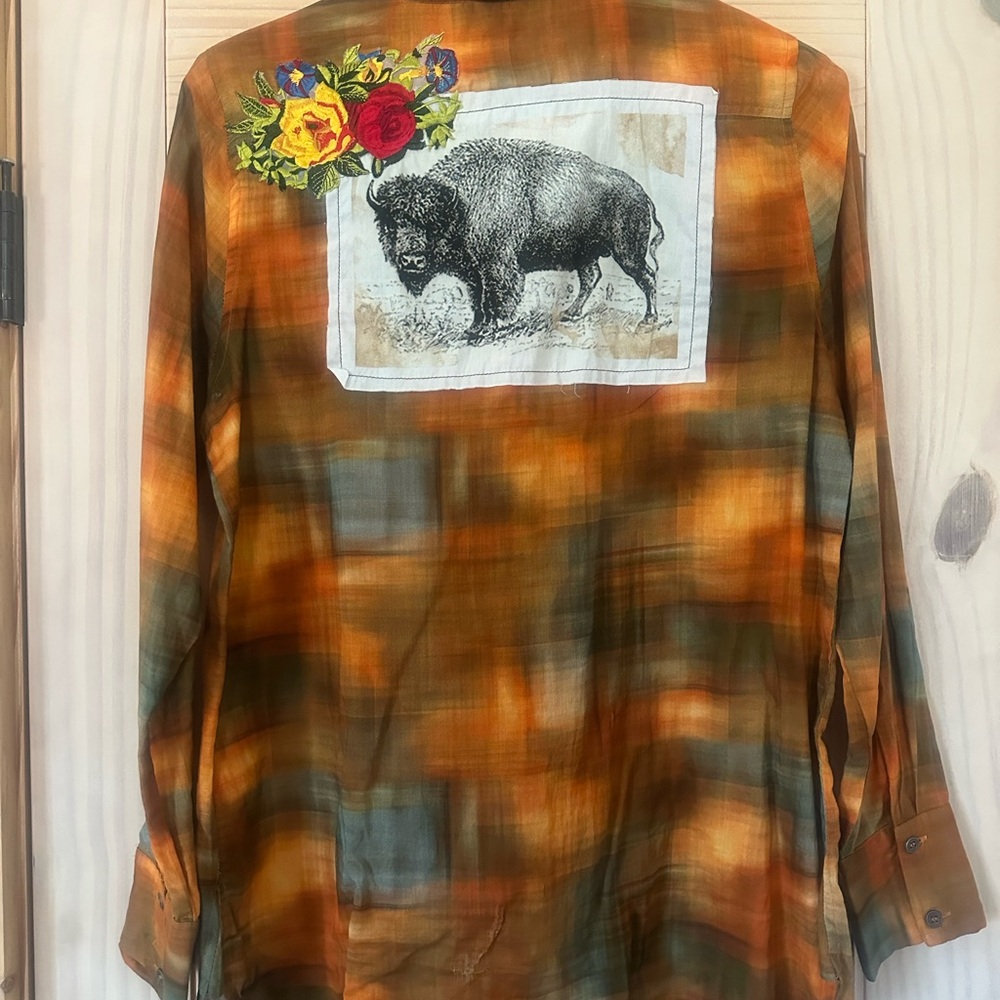 Rust Plaid Button Down Shirt with Bison Print